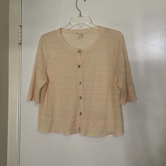 EILEEN FISHER short sleeve peach orange linen blend lightweight cardigan Large - Picture 1 of 7